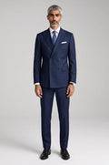Men's Blutailor Belgravia Navy Double-Breasted Suit from the Luxury Collection, crafted from 100% non-mulesed Super 100's wool, featuring a rich navy finish, sharp peak lapels, and matching tailored trousers for timeless elegance and refined formal sophistication.