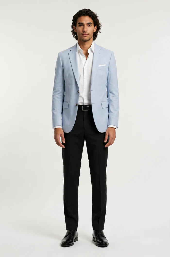 Men's Blutailor Sky Blue Cloud Blazer crafted from premium Giza cotton, featuring a soft sky blue hue, cloud-inspired design detailing, tailored fit, structured silhouette, and a sophisticated aesthetic ideal for weddings, special occasions, and statement occasion wear.