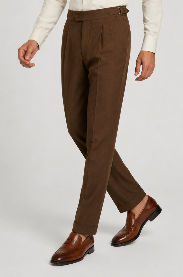 Men's Blutailor Walnut Brown Gurkha Pant crafted from premium terry rayon fabric, featuring a rich walnut brown hue, a high-waisted Gurkha-style waistband with adjustable side fasteners, double-pleated front, tailored tapered silhouette, and a refined aesthetic ideal for formal wear, business attire, weddings, and elevated smart-casual dressing.