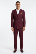 Men's Blutailor Wine Double-Breasted Suit crafted from premium terry rayon fabric, featuring a rich wine finish, double-breasted blazer with sharp peak lapels, matching tailored trousers, structured silhouette, and refined craftsmanship, ideal for weddings, receptions, formal occasions, evening events, and sophisticated celebration wear.