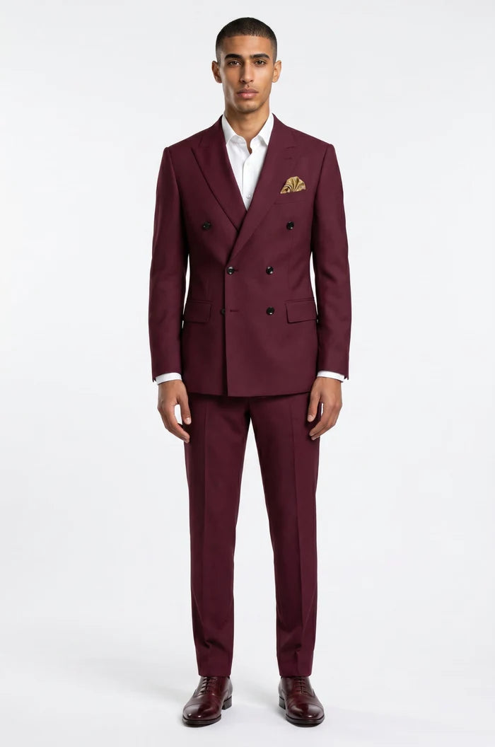 Men's Blutailor Wine Double-Breasted Suit crafted from premium terry rayon fabric, featuring a rich wine finish, double-breasted blazer with sharp peak lapels, matching tailored trousers, structured silhouette, and refined craftsmanship, ideal for weddings, receptions, formal occasions, evening events, and sophisticated celebration wear.