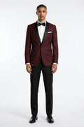 Blutailor wine shawl lapel tuxedo in premium fabric with a custom tailored fit, featuring a sleek silhouette and refined detailing for an elegant formal look.