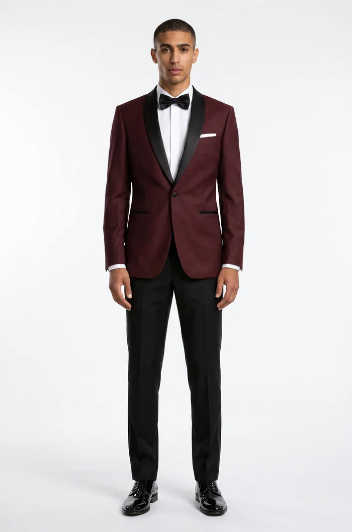 Blutailor wine shawl lapel tuxedo in premium fabric with a custom tailored fit, featuring a sleek silhouette and refined detailing for an elegant formal look.