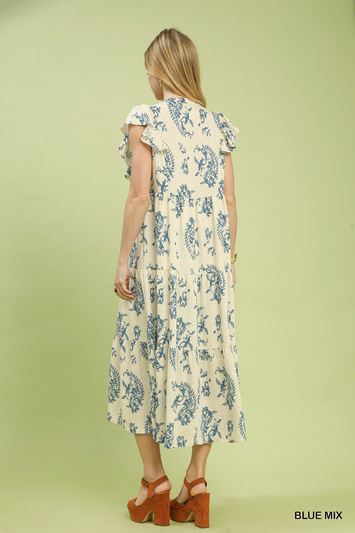 Boho Blue Paisley Tiered Midi Dress