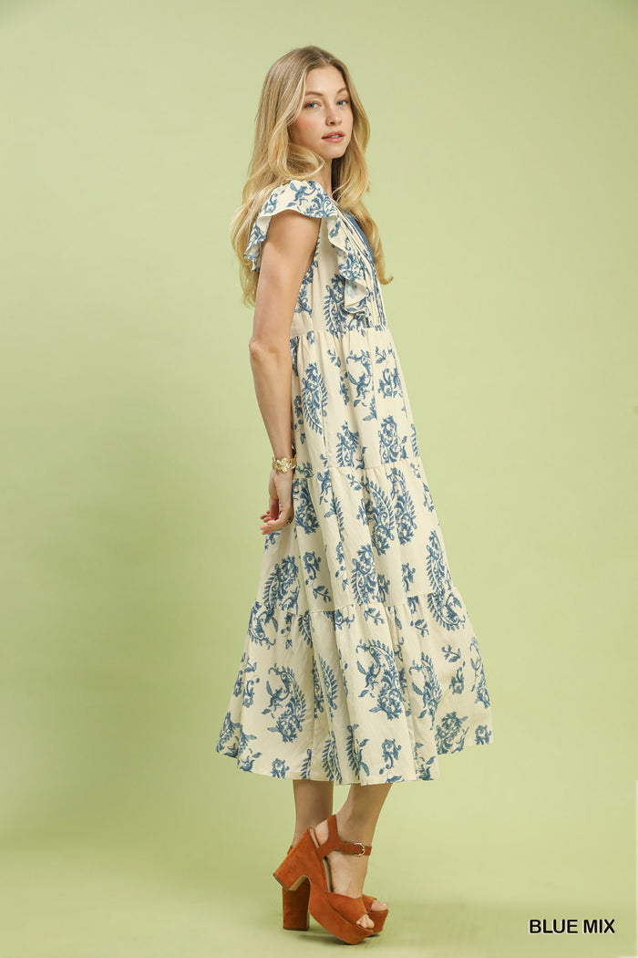 Boho Blue Paisley Tiered Midi Dress