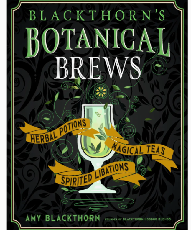 Book cover of 'Blackthorn's Botanical Brews' with a glass and decorative text on a dark background.