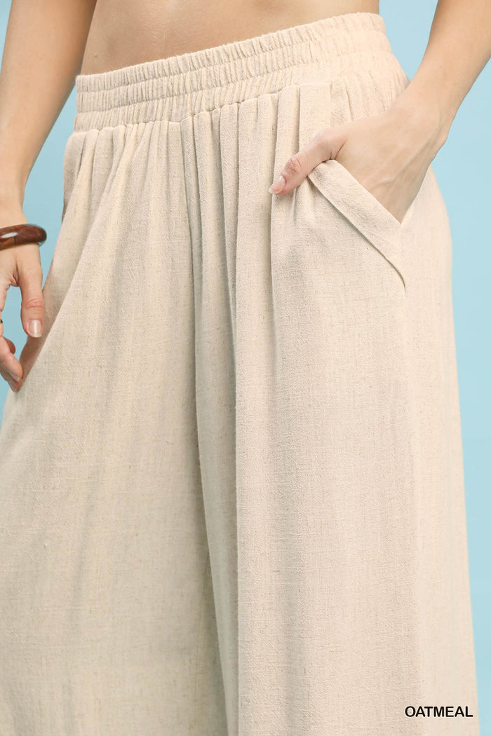 Breezy Scalloped Hem Linen-Cotton Wide Leg Pants