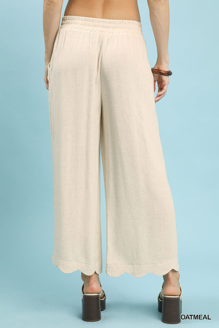Breezy Scalloped Hem Linen-Cotton Wide Leg Pants