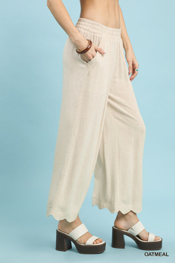 Breezy Scalloped Hem Linen-Cotton Wide Leg Pants