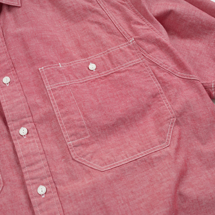 CHAMBRAY BIG POCKET HALF SHIRT - RED