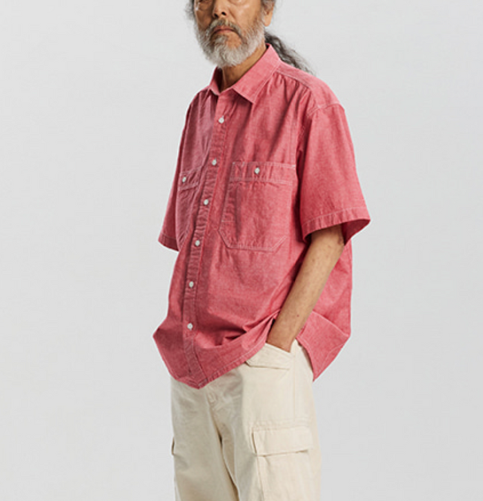 CHAMBRAY BIG POCKET HALF SHIRT - RED