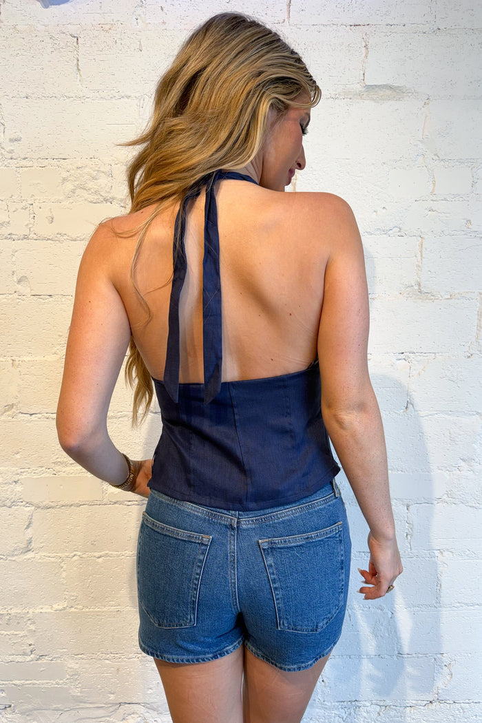 Charlie Halter Linen Top Navy Back, adeline boutique, dallas boutique, boutique