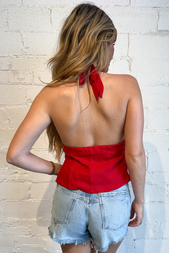 Charlie Halter Linen Top Red Back, adeline boutique, dallas boutique, boutique