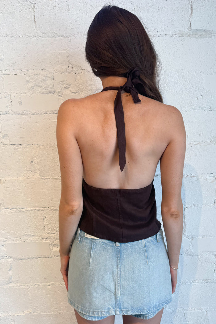 Charlie Halter Linen Top Brown Back, adeline boutique, dallas boutique, boutique
