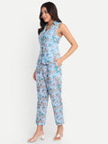 Women’s blue floral Chiki jacket CB set with sleeveless jacket and matching pants