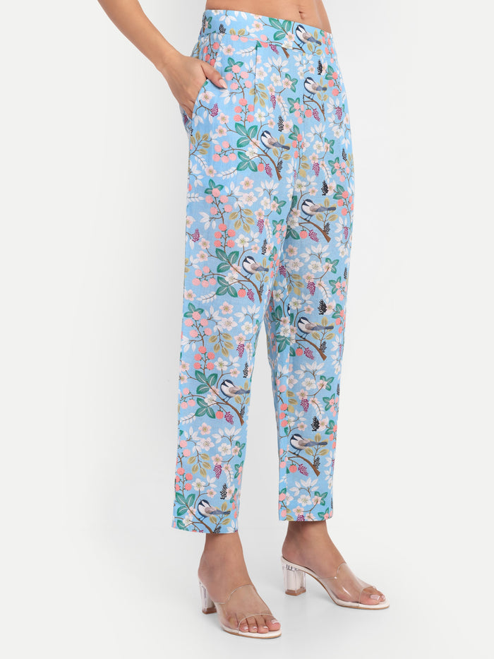 Women’s blue floral Chiki pants with straight fit and comfortable high waist