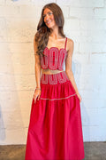 crimson matching set, matching set, crimson set, gameday set, game day set, maxi skirt, dallas boutique, gameday outfit