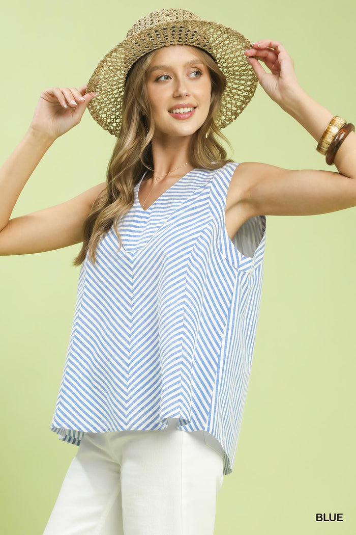 Coastal Chic Blue Stripe Chevron V-Neck Top