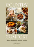 Book cover of 'Country Comfort' with images of food and a person eating showing some of the meals and comfort food one might enjoy in New England.