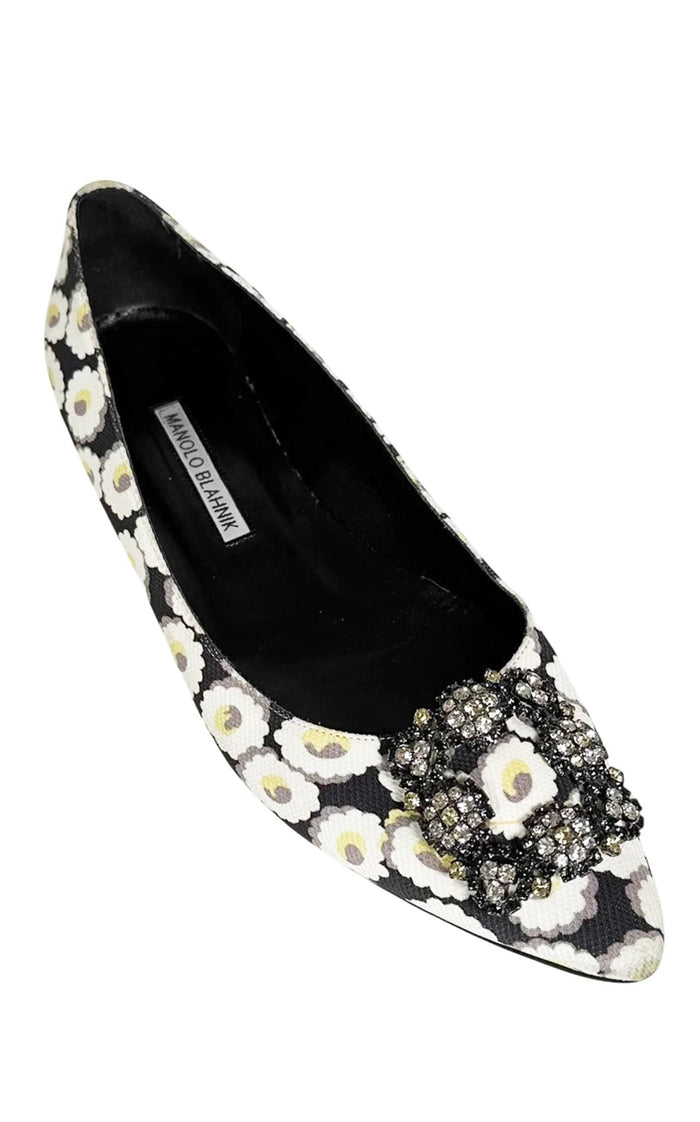 Manolo Blahnik Crystal Brooch Floral Print Flats - Runway Catalog