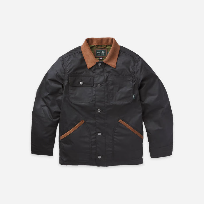A black waxed cotton utility jacket with a brown corduroy collar and brown welt pockets, displayed flat against a light gray background.