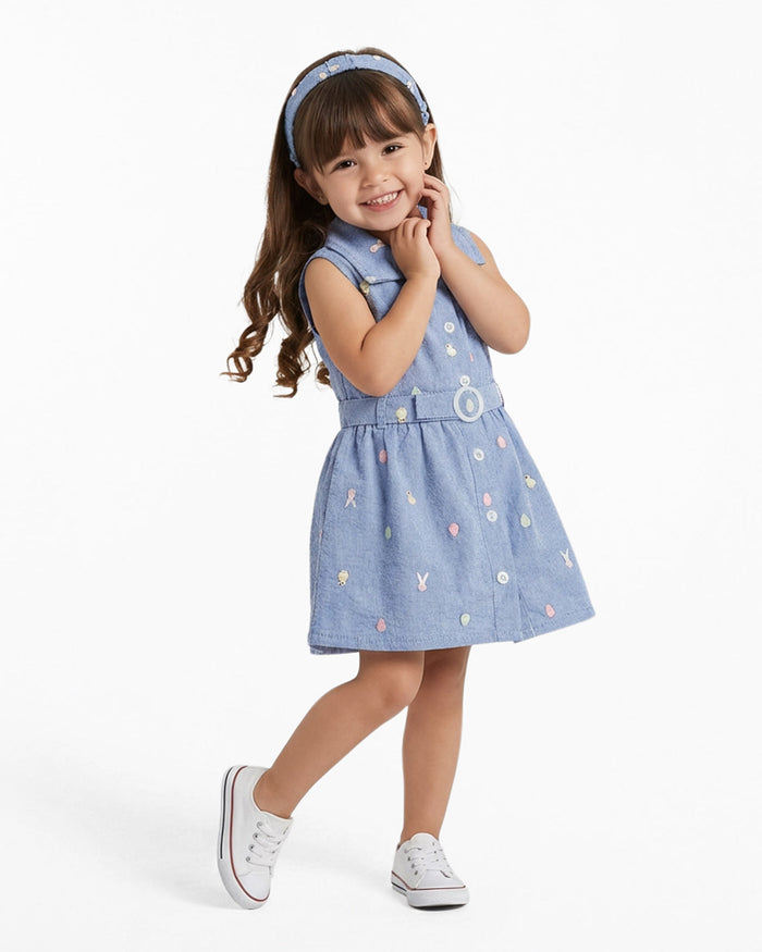 Dress with Headband in Blue Chambray