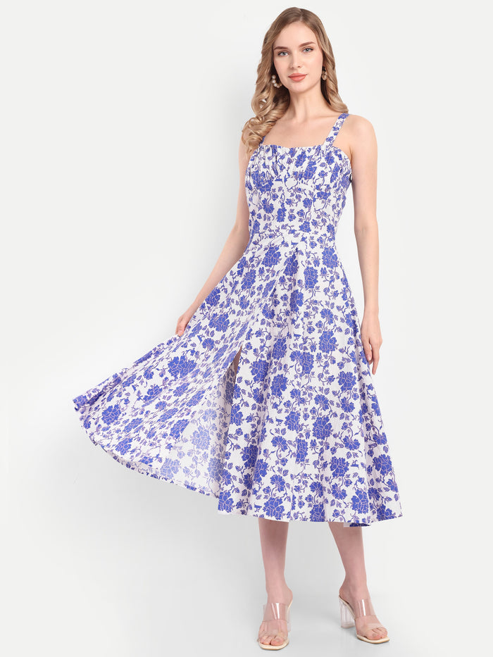 Luxury women’s blue floral Dudu midi dress with elegant flared silhouette and premium design