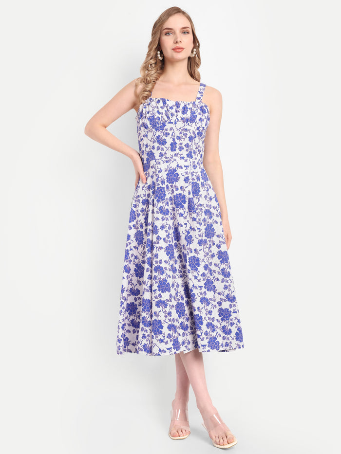 Luxury women’s blue floral Dudu midi dress with elegant flared silhouette and premium design