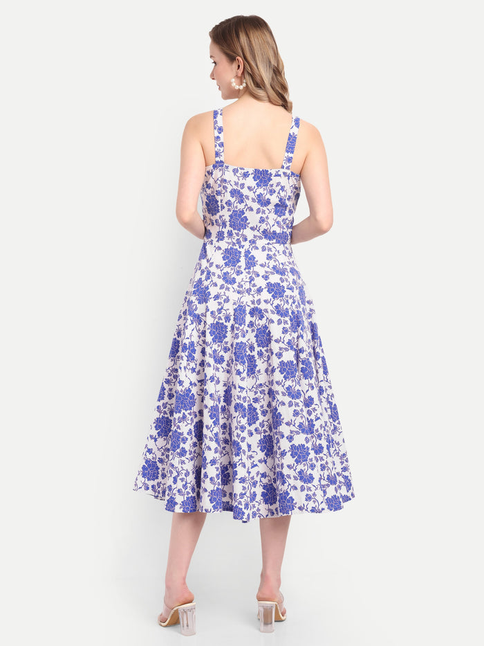 Luxury women’s blue floral Dudu midi dress with elegant flared silhouette and premium design