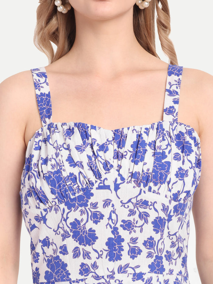 Luxury women’s blue floral Dudu midi dress with elegant flared silhouette and premium design