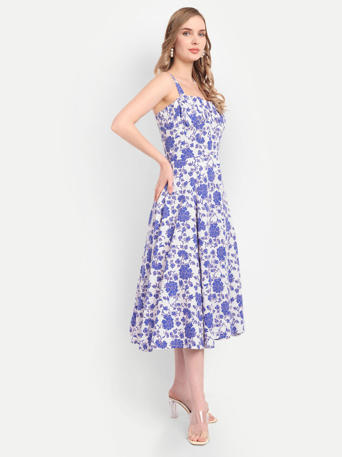 Luxury women’s blue floral Dudu midi dress with elegant flared silhouette and premium design