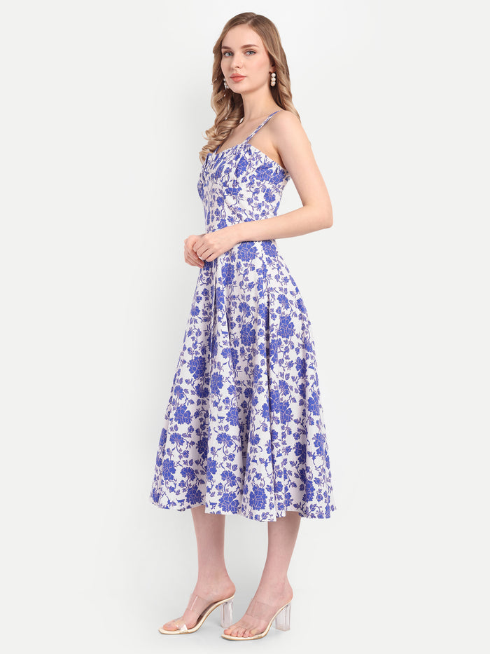 Luxury women’s blue floral Dudu midi dress with elegant flared silhouette and premium design