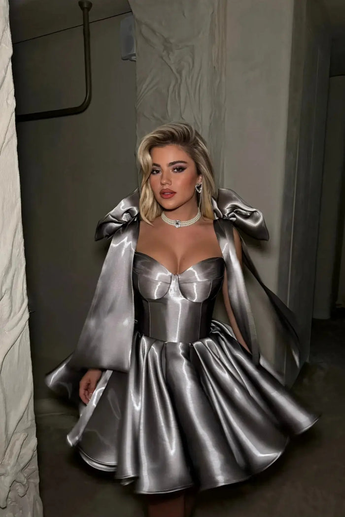 Elegant Gray Satin Corset Mini Dress with Bows RM248 Sheer Fairy
