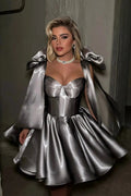 Elegant Gray Satin Corset Mini Dress with Bows RM248 Sheer Fairy