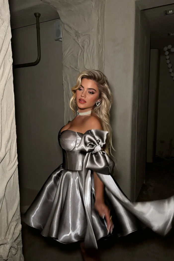 Elegant Gray Satin Corset Mini Dress with Bows RM248 Sheer Fairy