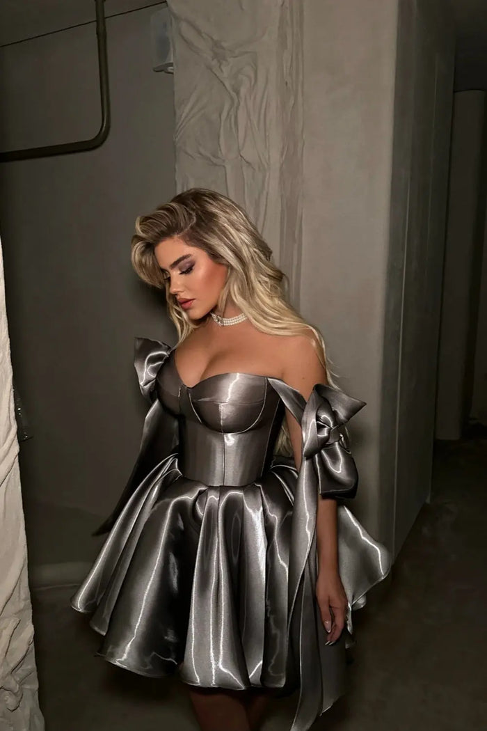 Elegant Gray Satin Corset Mini Dress with Bows RM248 Sheer Fairy