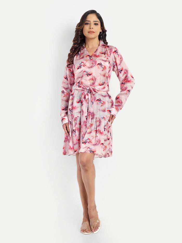 Women’s pink printed Emma dress with long sleeves, tie-up waist and flowy silhouette