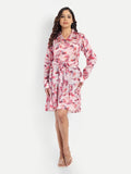 Women’s pink printed Emma dress with long sleeves, tie-up waist and flowy silhouette