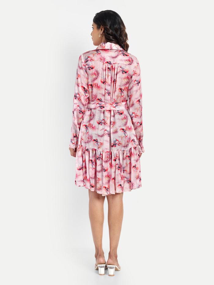 Women’s pink printed Emma dress with long sleeves, tie-up waist and flowy silhouette