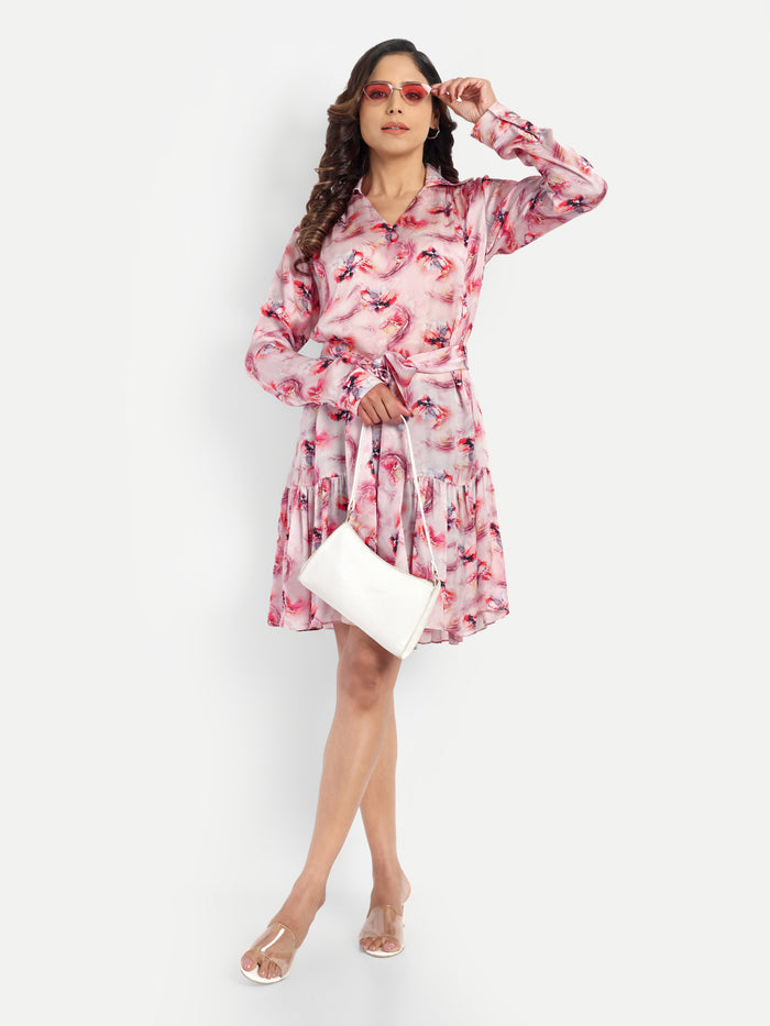 Women’s pink printed Emma dress with long sleeves, tie-up waist and flowy silhouette