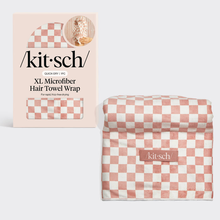 Extra Large Quick-Dry Hair Towel Wrap - Terracotta Checker
