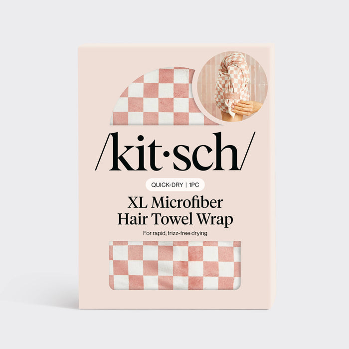 Extra Large Quick-Dry Hair Towel Wrap - Terracotta Checker