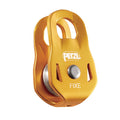 Yellow pulley system with 'Petzl' branding on a white background
