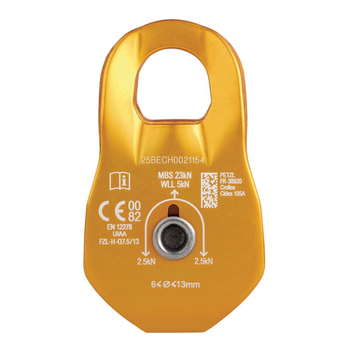 Yellow pulley system component with technical specifications on a white background