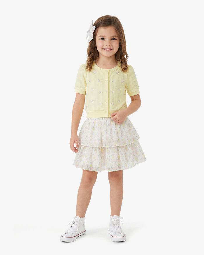 Floral Sweater Knit Skirt Set with Bow in Yellow