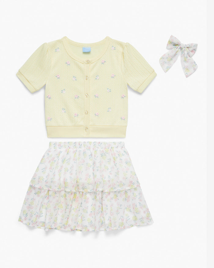 Floral Sweater Knit Skirt Set with Bow in Yellow