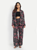 Women’s black printed Freya jacket CB set with long sleeve jacket and matching wide-leg pants