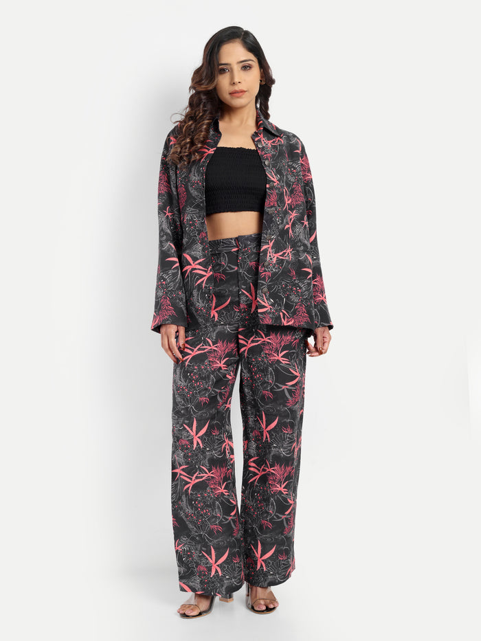 Women’s black printed Freya jacket CB set with long sleeve jacket and matching wide-leg pants