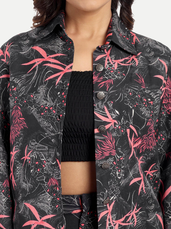 Women’s black printed Freya jacket CB set with long sleeve jacket and matching wide-leg pants