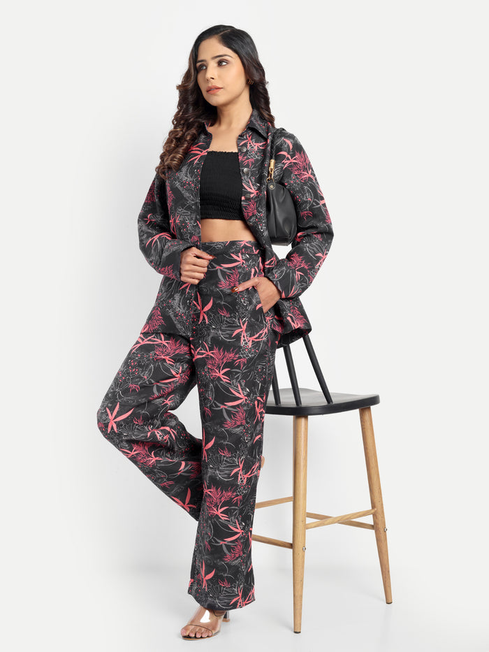 Women’s black printed Freya jacket CB set with long sleeve jacket and matching wide-leg pants